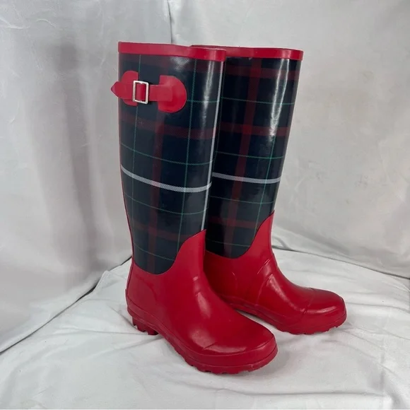 TALBOTS Women's Red Plaid Mid-Calf Rain Boots Size 6 Waterproof - Picture 2 of 9